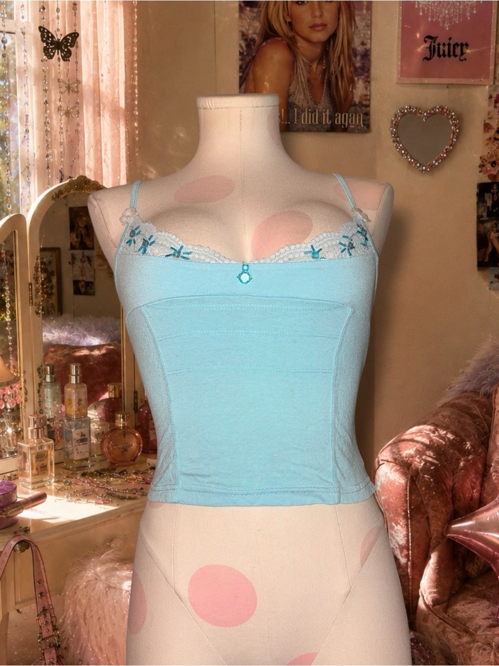Axara Paris Euro Y2K Ice Blue Lace & Rhinestone Cami Top XS